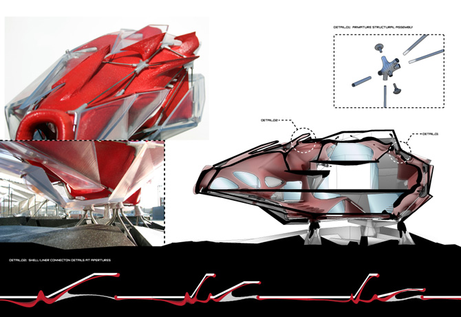 model detail views, structural system node assembly, building section, shell aperture diagram