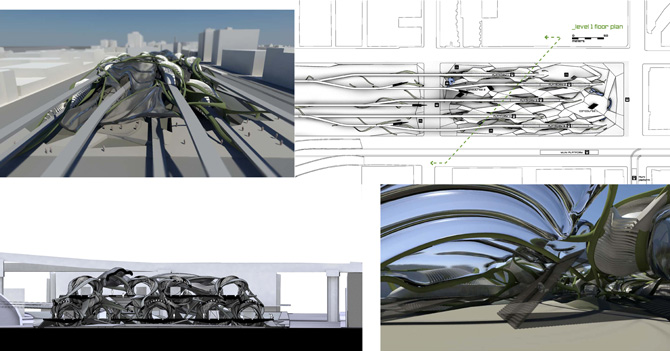 west overhead view, level 1 floor plan, north-south section, main concourse interior view